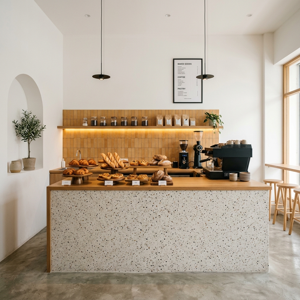 Modern minimalist bakery cafe interior with terrazzo counter, finger tiles, and fresh pastries