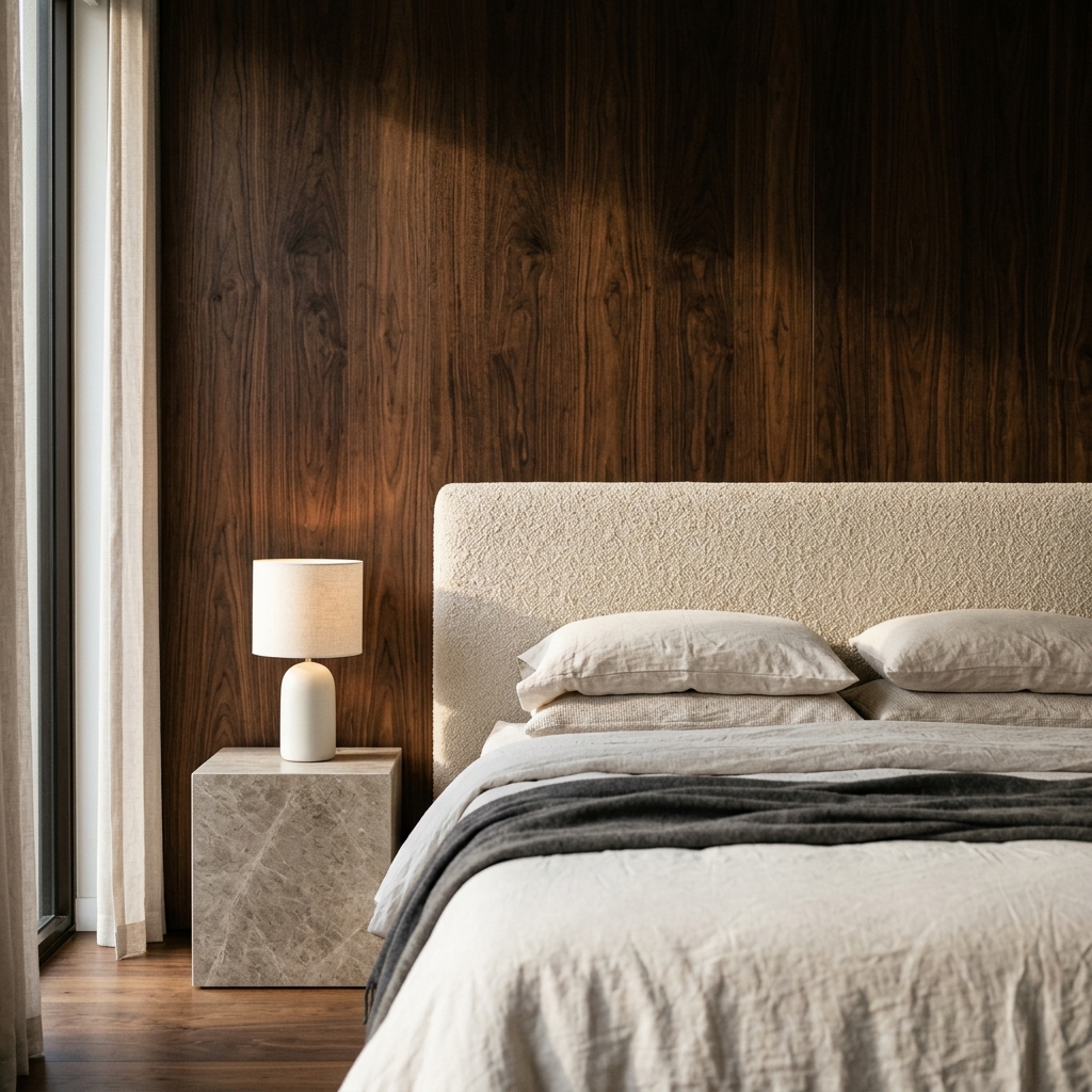 Bedroom with dark walnut wall paneling, bouclÃƒÂ© headboard, and stone bedside table