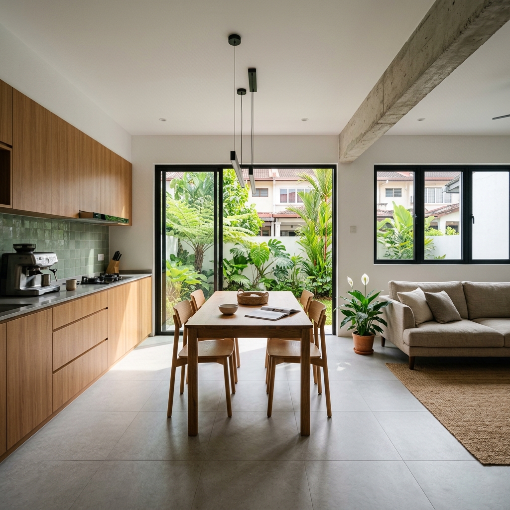 Modern Malaysian terrace house open-plan living with oak cabinetry, green zellige tiles, and tropical courtyard