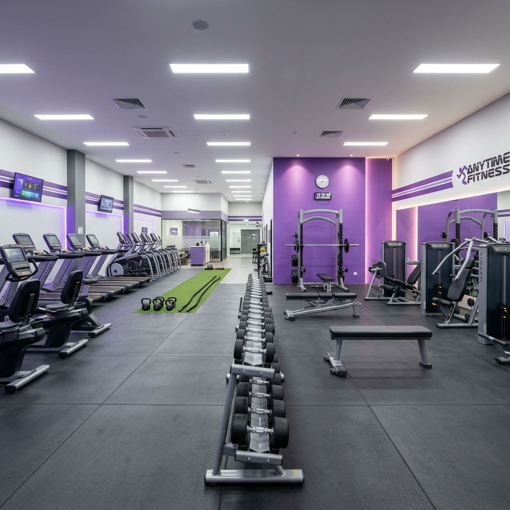 Modern Anytime Fitness style gym with purple accent walls, rubber flooring, and commercial equipment