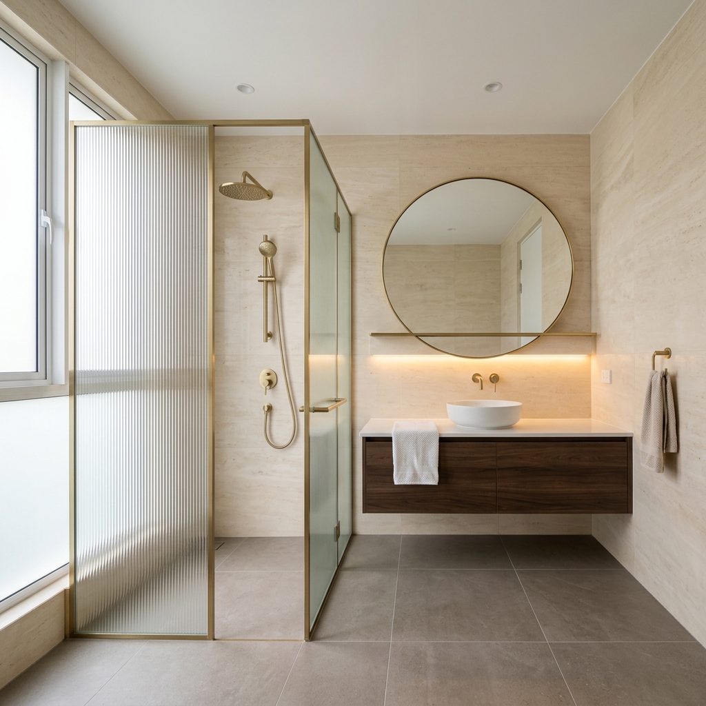 Modern bathroom with fluted glass shower screen, travertine walls, and brass fixtures