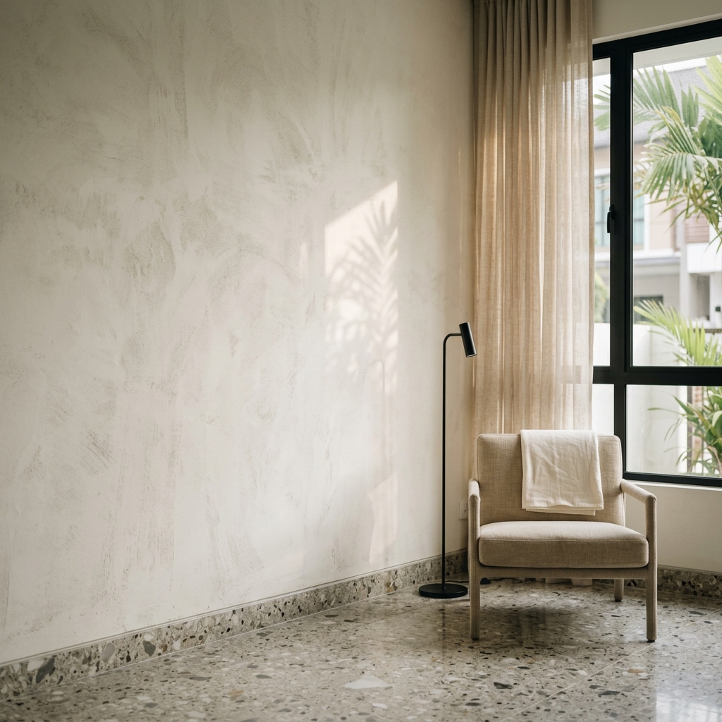 Living room with textured limewash walls by Sons of the Land, terrazzo flooring, and linen armchair