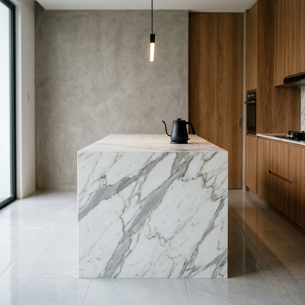 Modern kitchen with Calacatta marble island, micro-cement wall, and oak timber cabinetry
